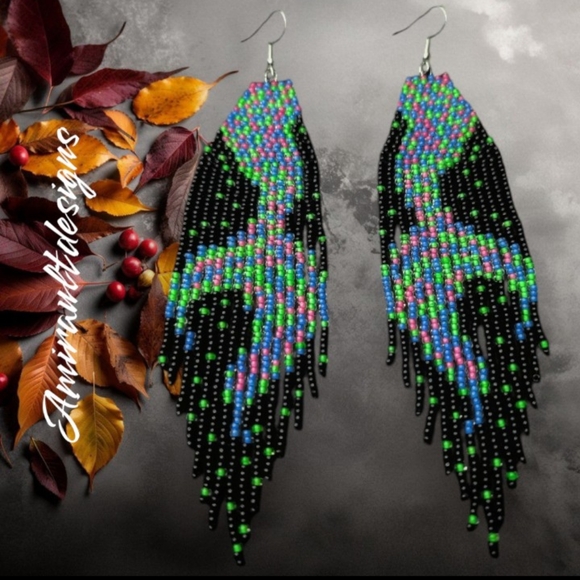 Beaded long dangly earrings, mermaid tails - Picture 2 of 2